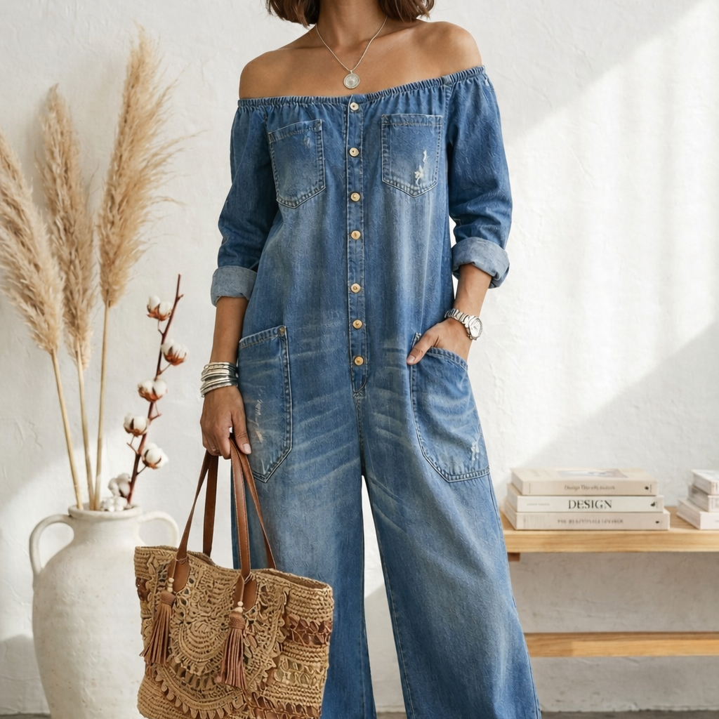 Maria Douro - Macacão de Denim com Ombros à Mostra