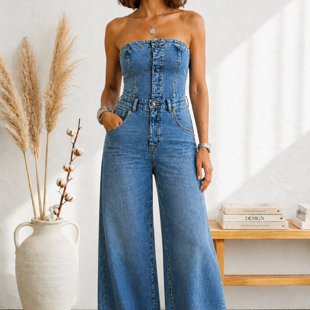 Maria Douro - Macacão de Denim Sem Alças