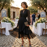 Mariana - Vestido Plissado com Mangas Fluídas e Folhos Assimétricos