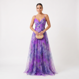 Helena - Vestido de Gala em Tule com Estampado Aguarela