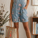 Maria Douro - Macacão Curto Floral de Denim