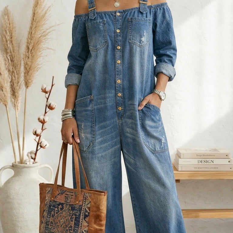 Maria Douro - Macacão de Denim com Ombros à Mostra