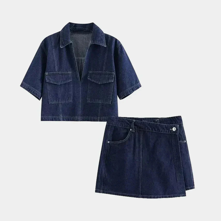 Conjunto de jeans com decote em V