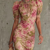 Flor - Vestido longo com padrão vintage de rosas
