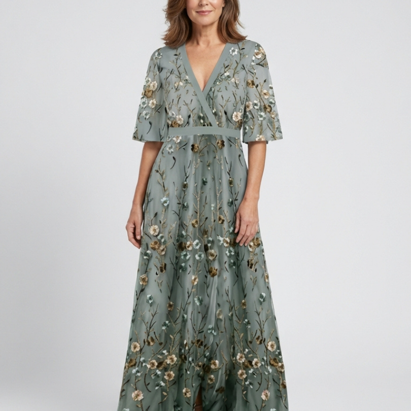 Elga – Vestido longo florido com decote em V