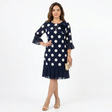 Clara - Vestido Azul Marinho às Bolinhas com Detalhe de Folhos